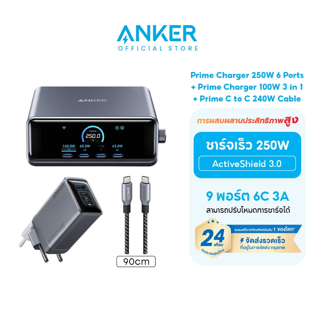Anker Prime Charger 250W 6-Ports GaN Prime USB-C Charging Station ใช้งานได้กับ MacBook Pro/Air, iPhone 16/15/14, Galaxy