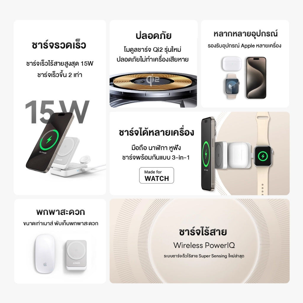 Anker MagGo Wireless Charging Station พับเก็บได้ 3-in-1 ชาร์จเร็วไร้สาย 15W สำหรับ iPhone 16/15/14 / AirPods / Watch
