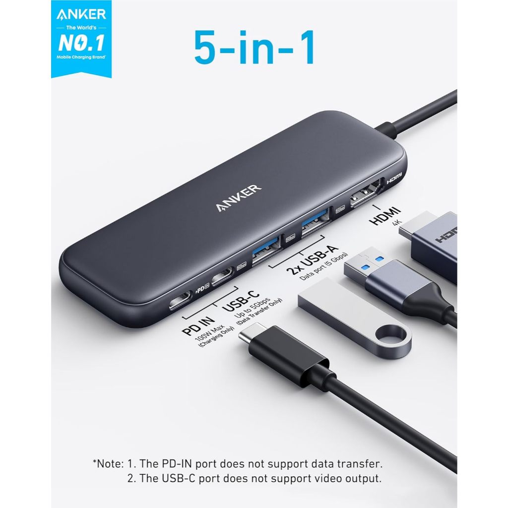 Anker 332 USB-C Hub (5-in-1, 4K HDMI) ฮับอะแดปเตอร์ USB ความเร็วสูง 5 พอร์ตฮับ USB 3.0 PD85W A8355