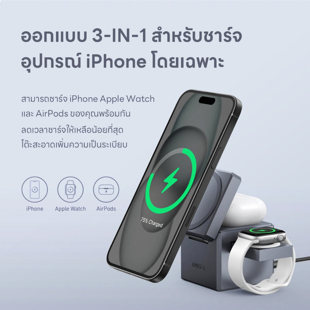 Anker 3-in-1 Cube with Charger Stand แท่นชาร์จไร้สาย รองรับ iPhone 16/15 iWatch หูฟัง AirPods ผ่านการรองรับ MFM