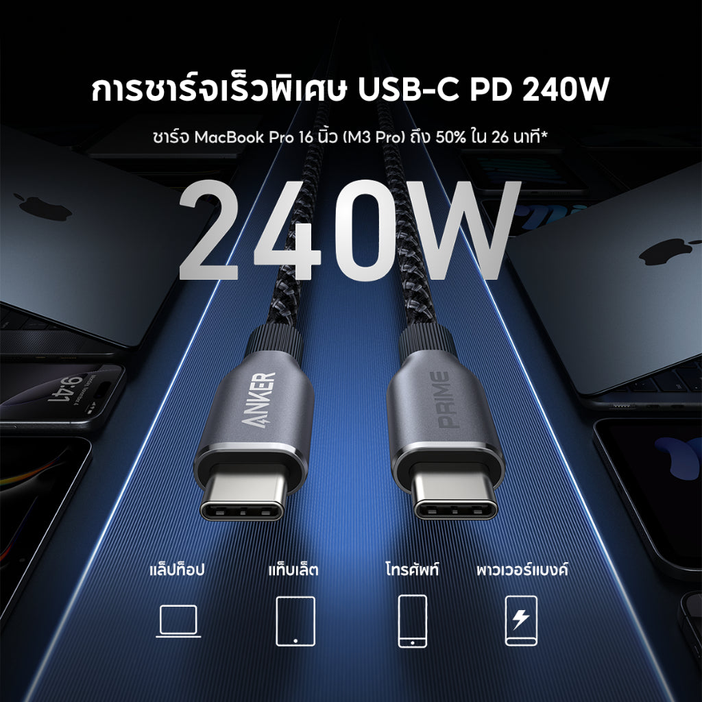 Anker Prime Type C to C Cable 240W USB C สายชาร์จเร็ว ชาร์จเร็ว for iPhone 16 Series iPad MacBook Samsung GalaxyS24