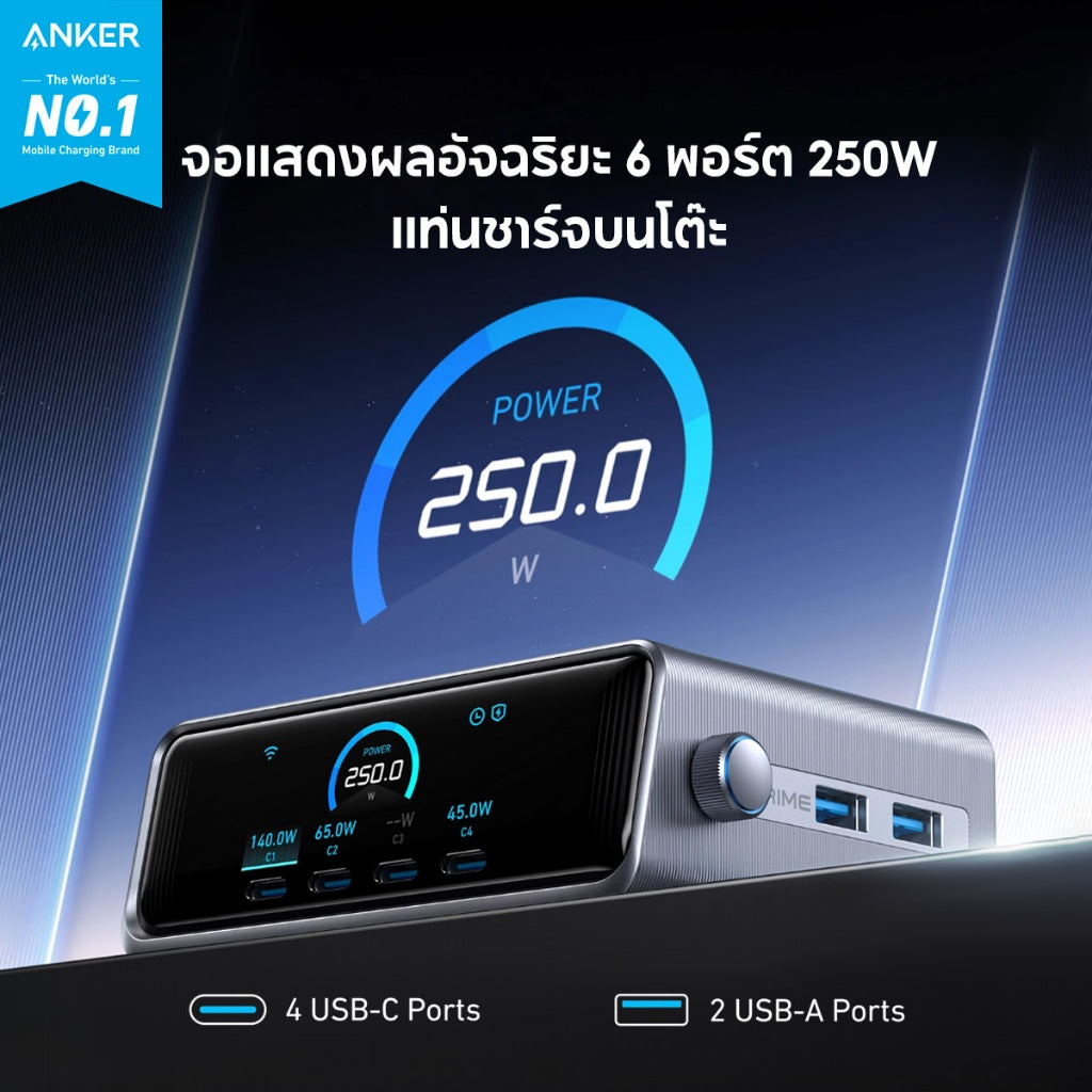 Anker Prime Charger 250W 6-Ports GaN Prime USB-C Charging Station ใช้งานได้กับ MacBook Pro/Air, iPhone 16/15/14, Galaxy