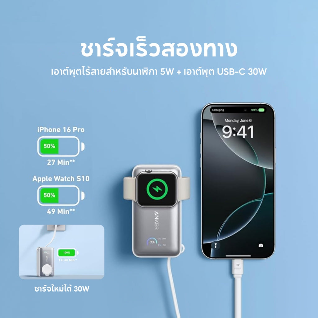 Anker Nano Power Bank 10000mAh Magnetic แบตสํารองสายแลในตัว USB-C 35W พาวเวอร์แบงค์ไร้สาย for Apple Watch