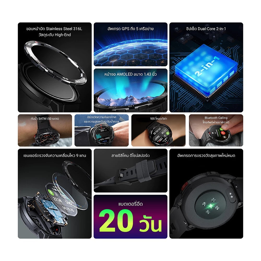 Mibro Watch GS Pro สมาร์ทวอทช์ GPS ในตัว กันน้ำ 5ATM หน้าจอ AMOLED 60Hz