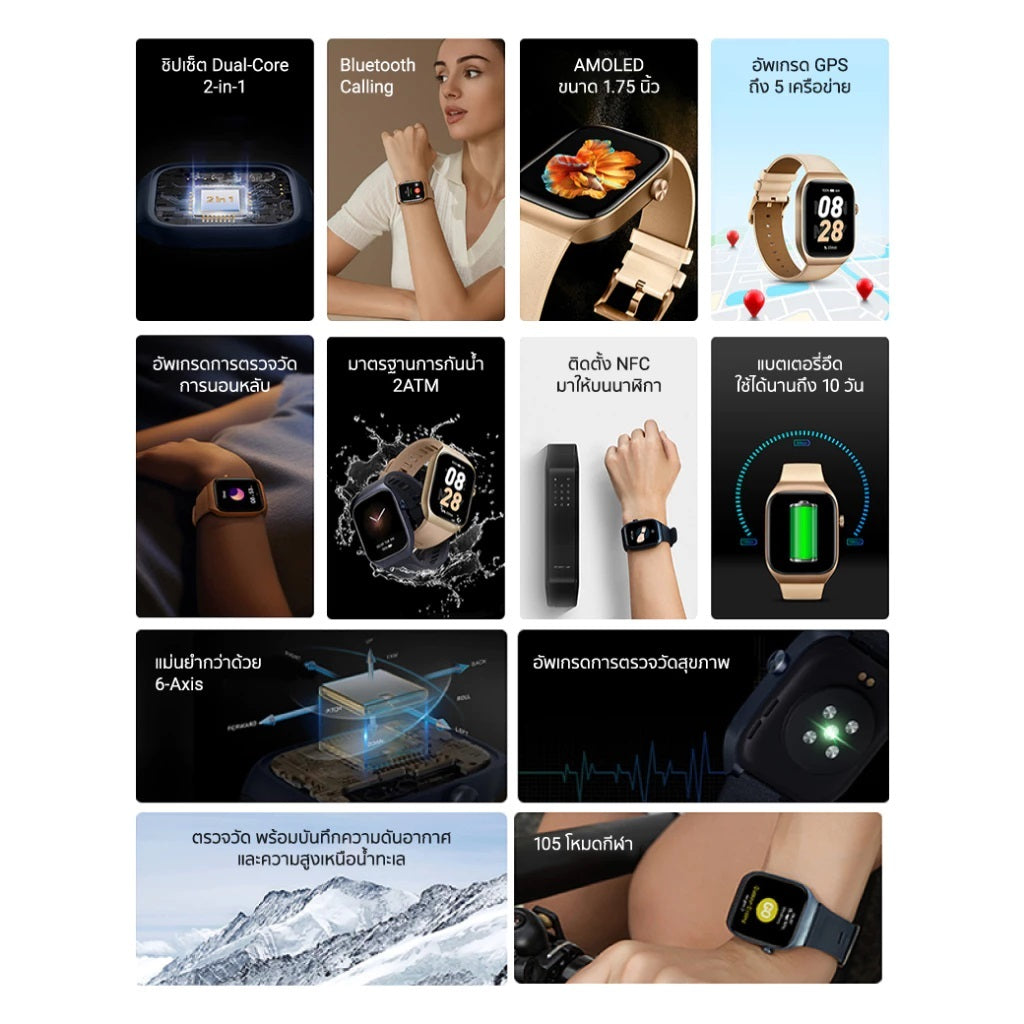 Mibro Watch T2 สมาร์ทวอทช์ คุยโทรศัพท์ได้ GPS ในตัว กันน้ำ 2ATM ลื่นไหล 60Hz AMOLED 1.75 นิ้ว
