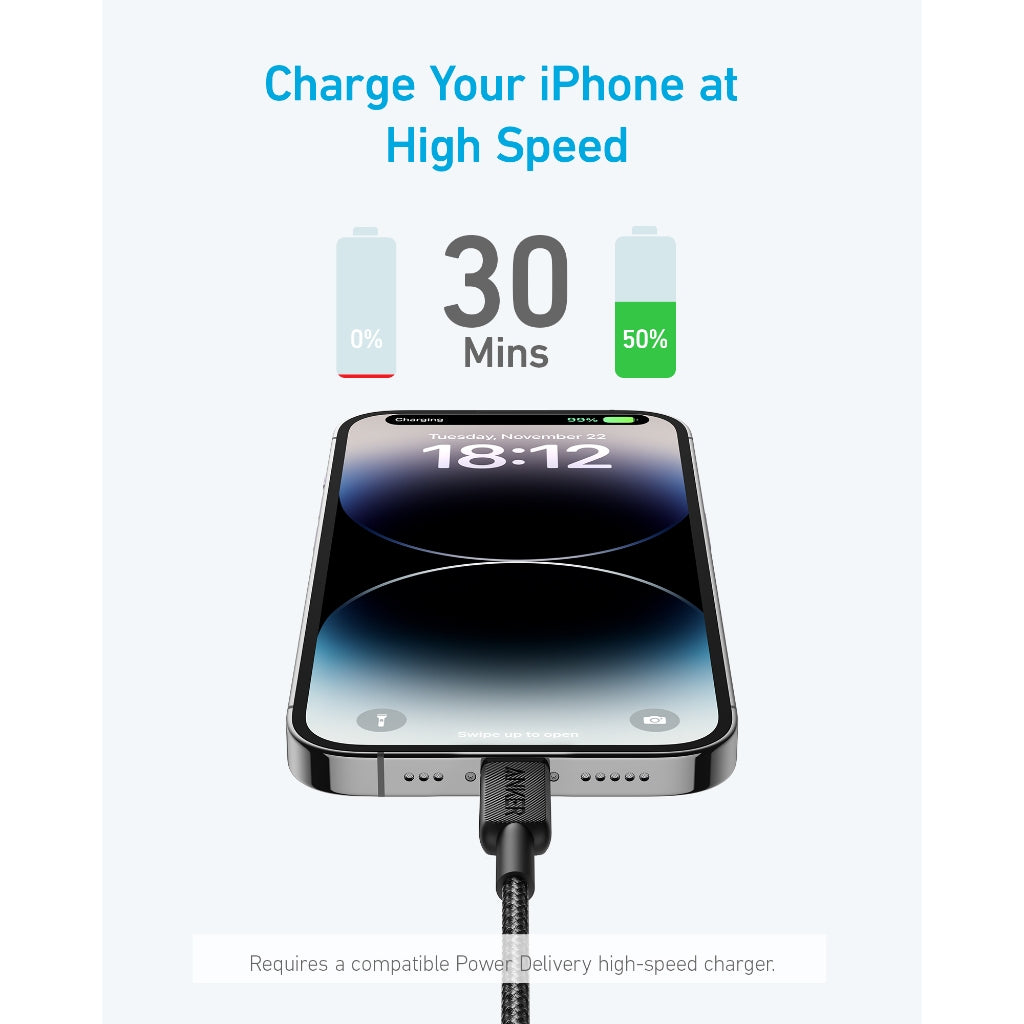 Anker 322 USB-C to Lightning Cable (90cm /180cm Braided) สายชาร์จเร็ว รองรับ Apple CarPlay 3A 60W for iPhone / iPad