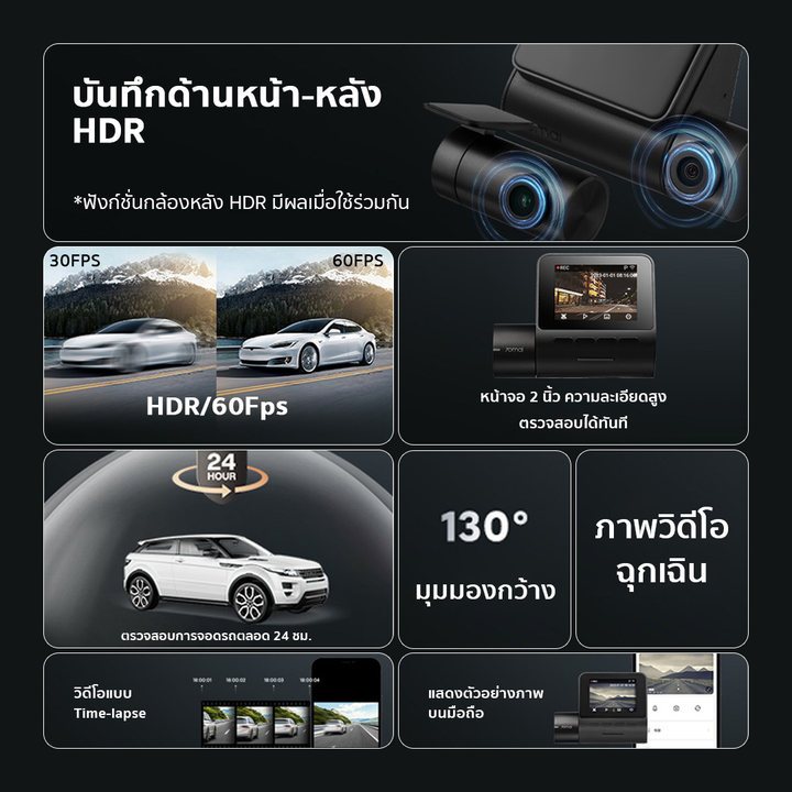 กล้องติดรถยนต์อัฉริยะ Dash Cam A200 1080P HDR+กล้องหลัง พอร์ต Type-C