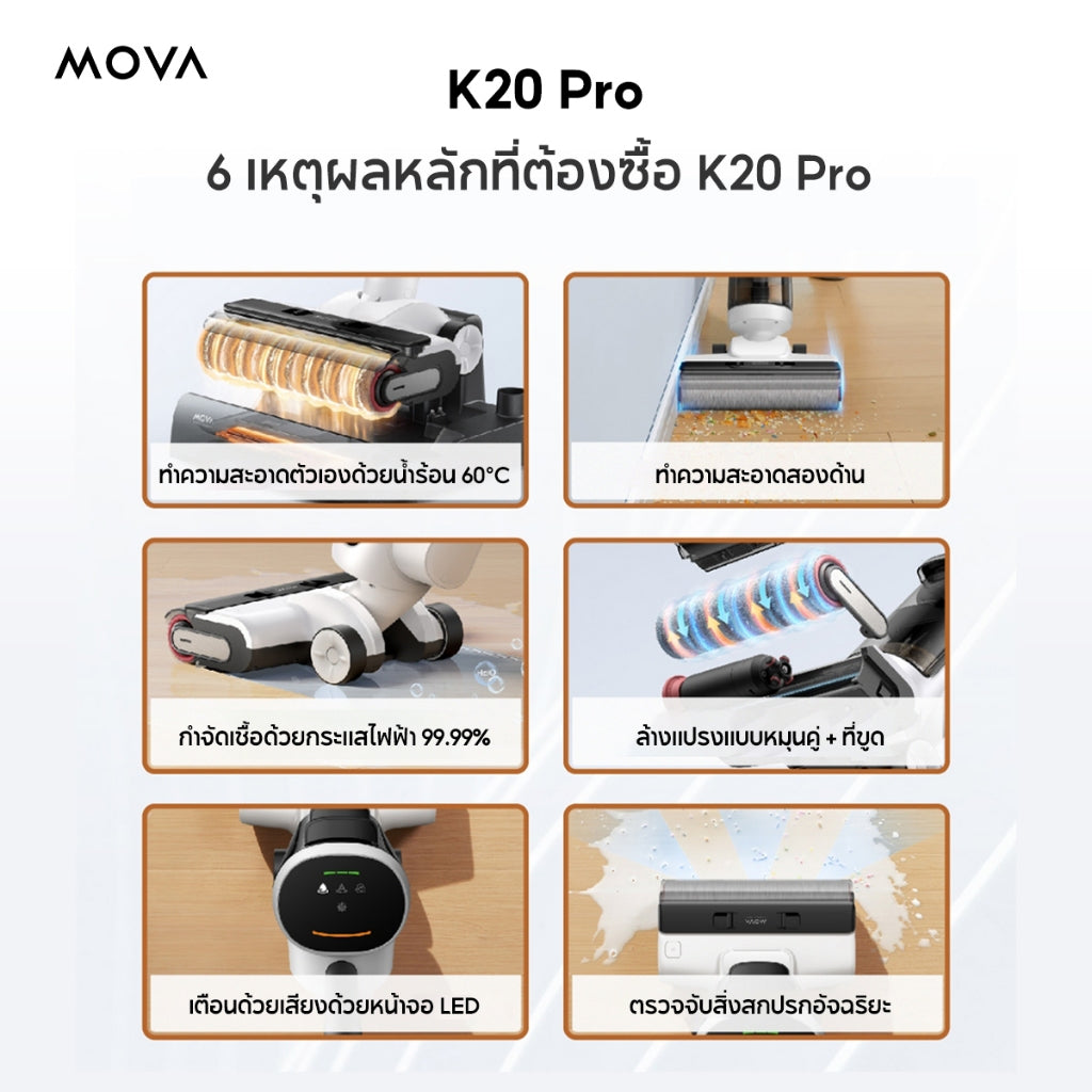 MOVA K20 Pro Wet and Dry Vacuum เครื่องดูดฝุ่นถูพื้น กำจัดแบคทีเรียได้ 99.9% ทำความสะอาดขอบสองด้าน รับประกัน 2 ปี