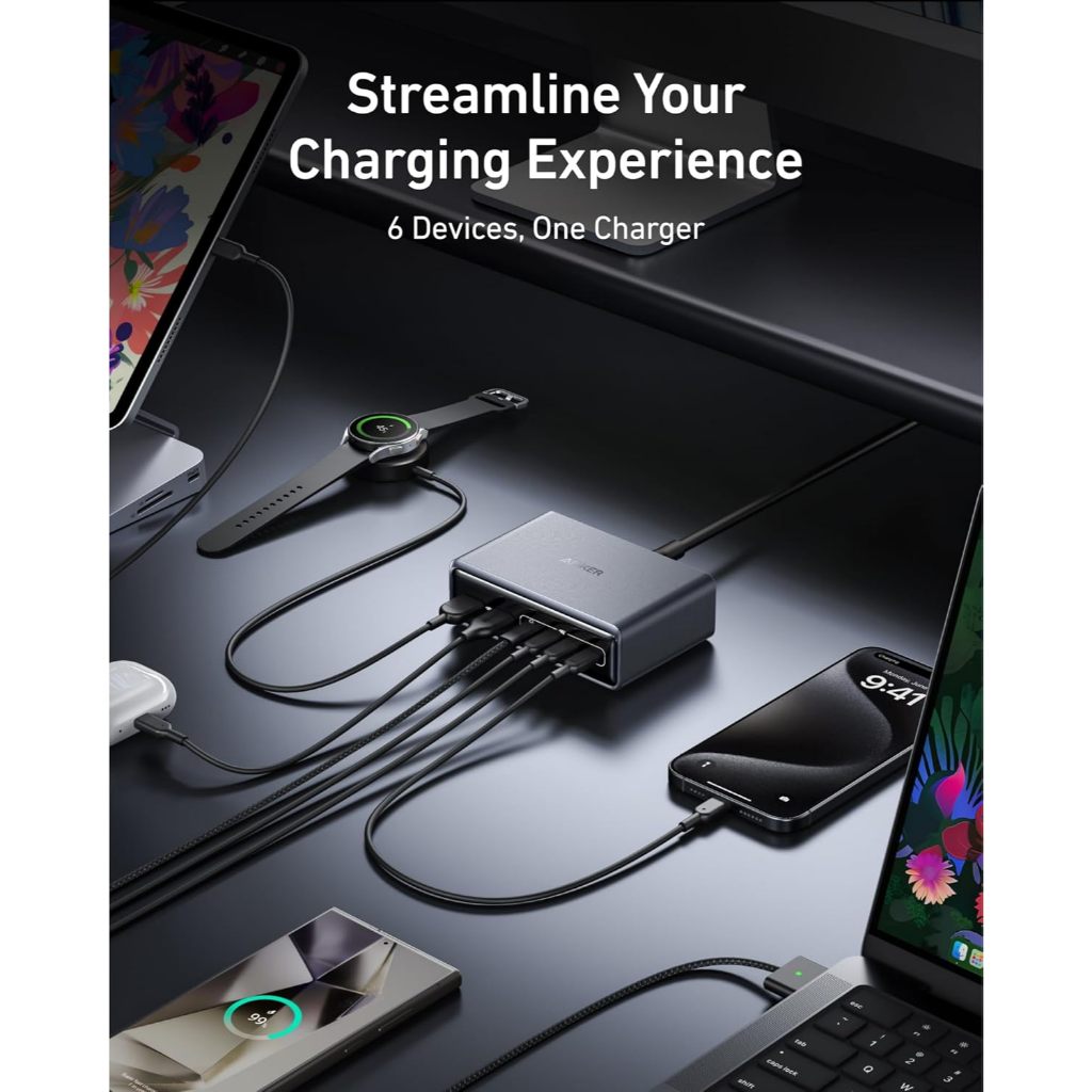 Anker Prime Charger 200W 6-Ports GaN Prime USB-C Charging Station ใช้งานได้กับ MacBook Pro/Air iPhone 16/15/14 Galaxy