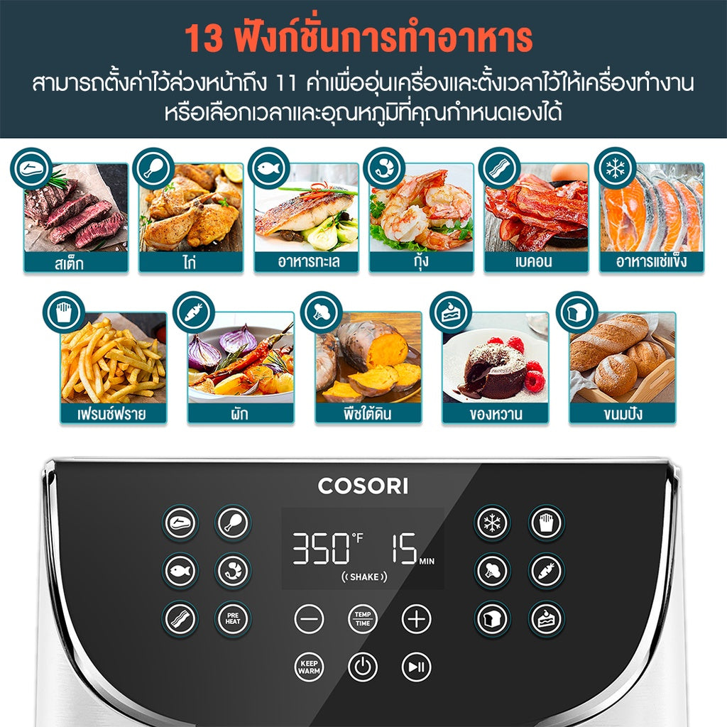 Levoit Cosori CP158 Air Fryer 5.5L กันรอยนิ้วมือ หม้อทอดไร้น้ำมัน หม้อทอด ไฟฟ้า หม้อทอดไร้น้ำมันความจุมาก กำลังไฟ 1700W อาหารไม่ติดหม้อ APP ให้การทำสูตร