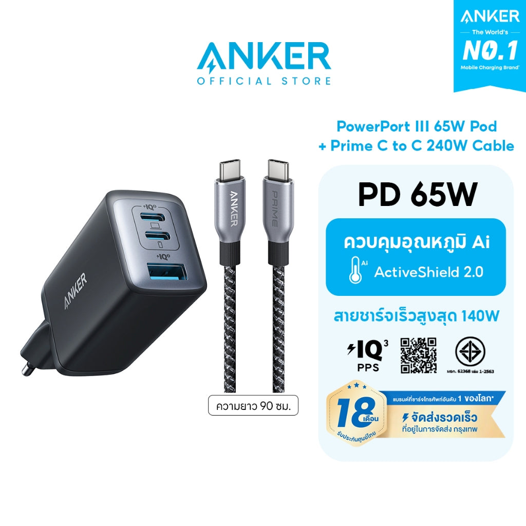 Anker 735 Charger 65W GaN II หัวชาร์จ Fast Charger 3 พอร์ต 725 หัวชาร์จเร็ว สําหรับ for iPhone โน๊ตบุ๊ค