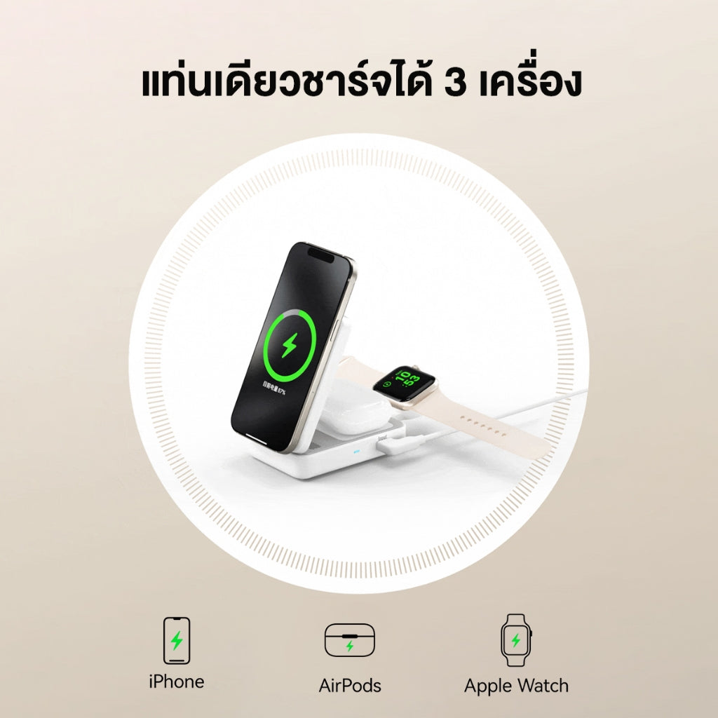 Anker MagGo Wireless for iPhone 16 Charging Station พับเก็บได้ 3-in-1 ชาร์จเร็วไร้สาย 15W สำหรับ AirPods / Watch