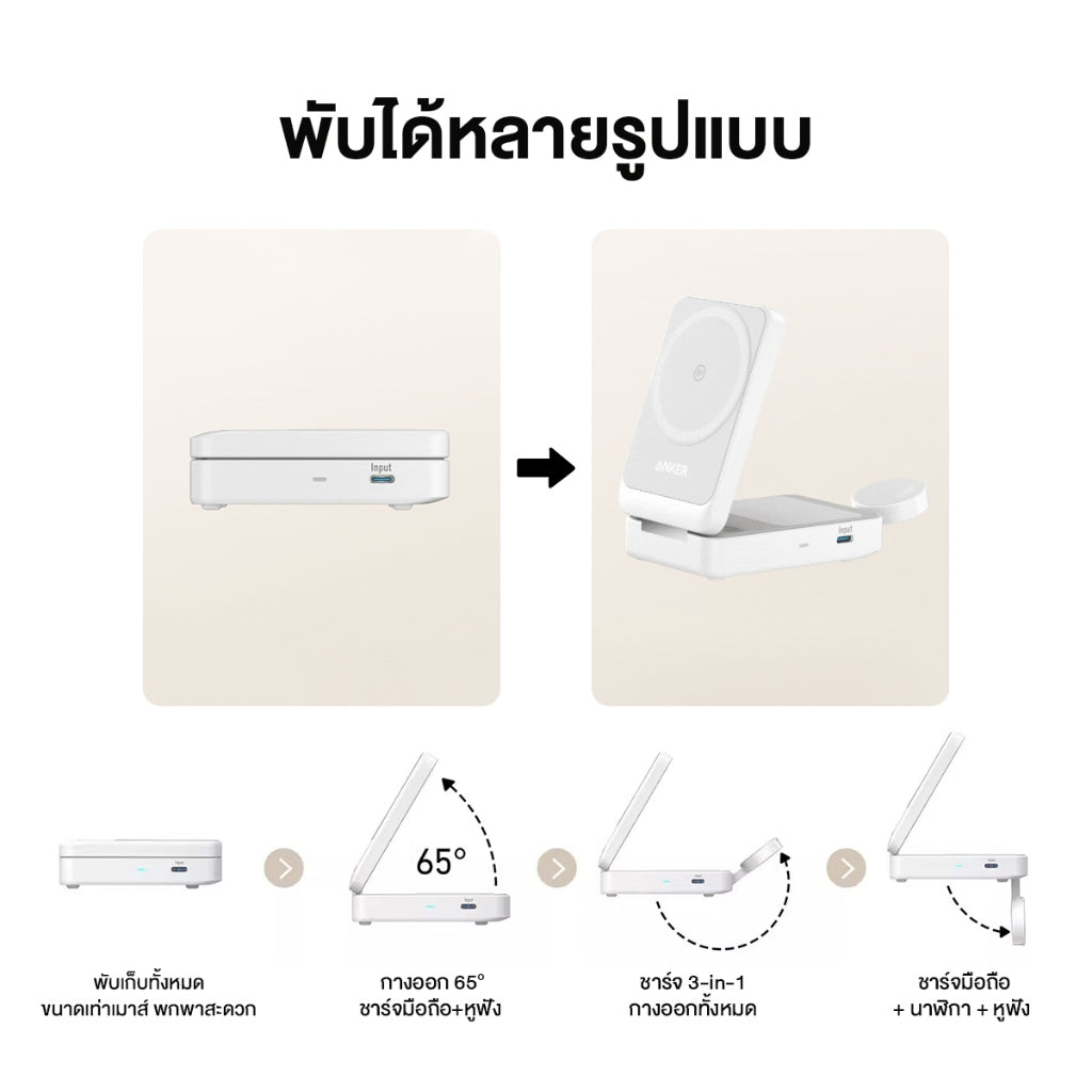 Anker MagGo Wireless Charging Station พับเก็บได้ 3-in-1 ชาร์จเร็วไร้สาย 15W สำหรับ iPhone 16/15/14 / AirPods / Watch