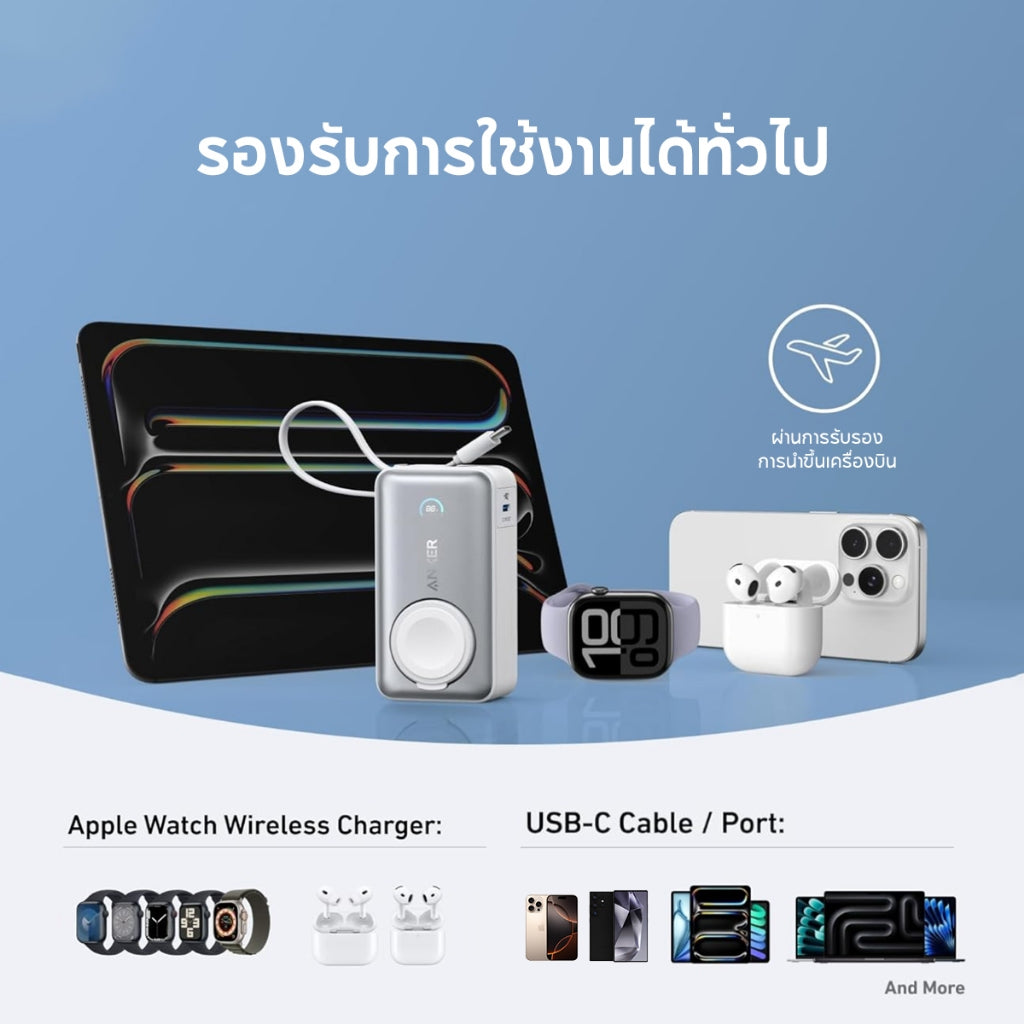 Anker Nano Power Bank 10000mAh Magnetic แบตสํารองสายแลในตัว USB-C 35W พาวเวอร์แบงค์ไร้สาย for Apple Watch