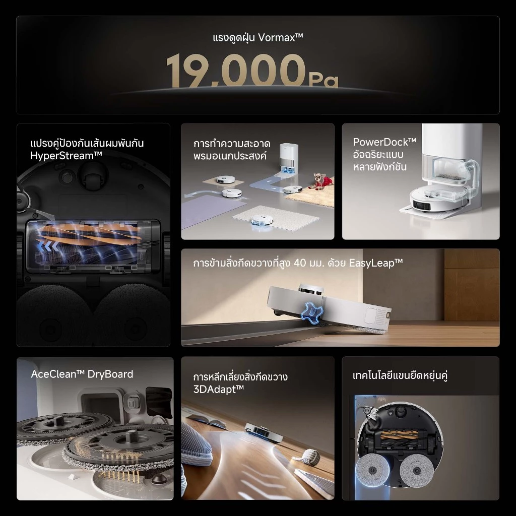 Dreame L40S Ultra Robot Vacuum Cleaner หุ่นยนต์ดูดฝุ่นถูพื้น แขนไบโอนิคคู่ ดูดแรง 19,000Pa ถูสะอาด อัตโนมัติ