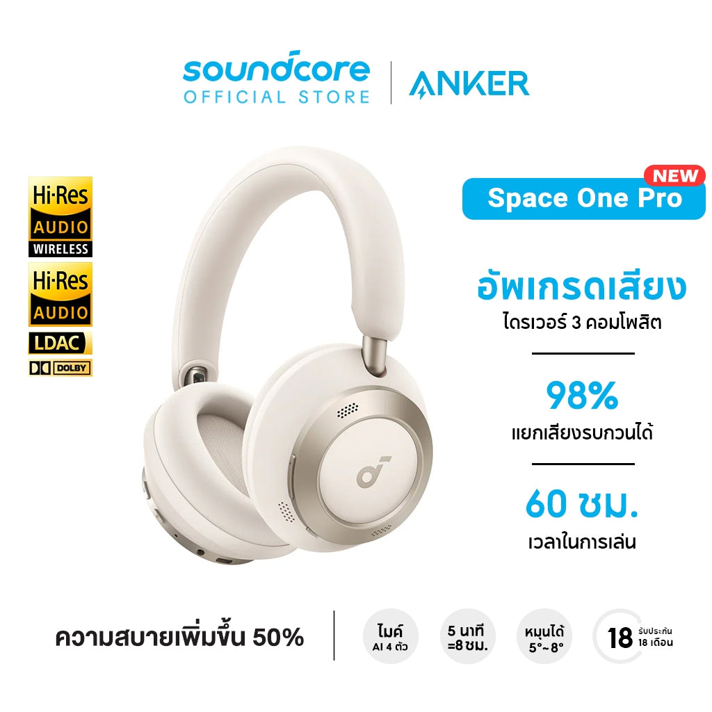 Soundcore Space One Pro Foldable Over-Ear Headphones หูฟังบลูทูธไร้สาย หูฟังตัดเสียงรบกวน หูฟังไร้สาย Adaptive ANC A3062