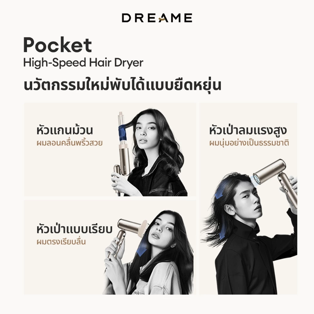 Dreame Pocket High-Speed Hair Dryer ไดร์เป่าผม ความเร็วสูง พับได้ พกง่าย เป่าแห้งไว เปลี่ยนทรงได้