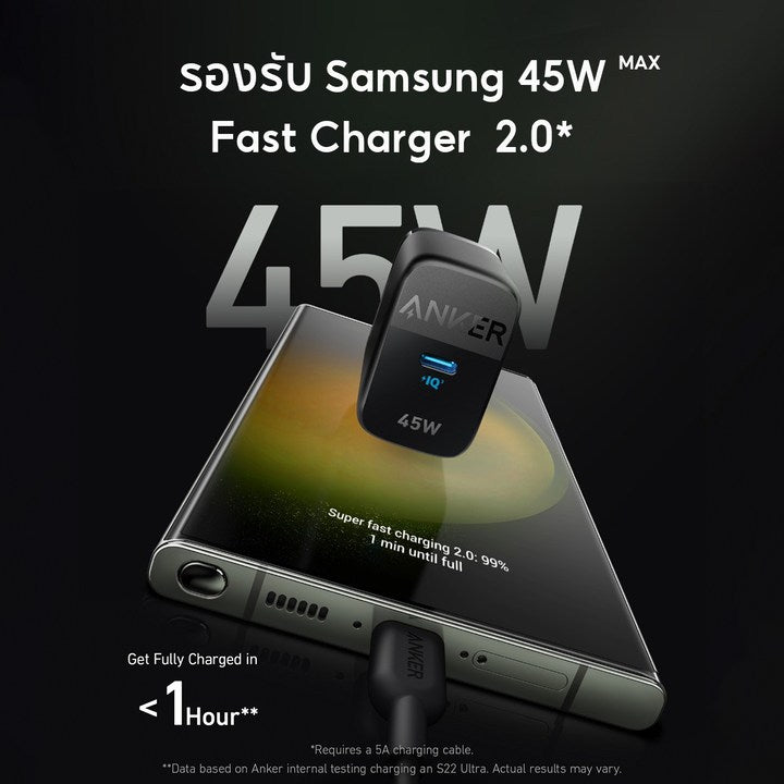 Anker 313 Charger 45W GaN 312 Charger (Ace2, 25W) สำหรับ Samsung Galaxy น้ำหนักเบา พกพาง่าย Fast Charger ขาปลั๊กพับเก็บ