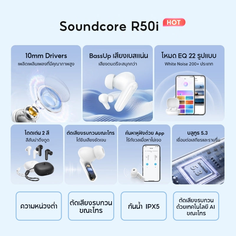 Soundcore by Anker R50i /R50i NC /A20i หูฟังบลูทูธ สายหูฟังไร BassUp หูฟังไร้สาย บลูทูธ 5.3 EQ และกันน้ําระดับ IPX5