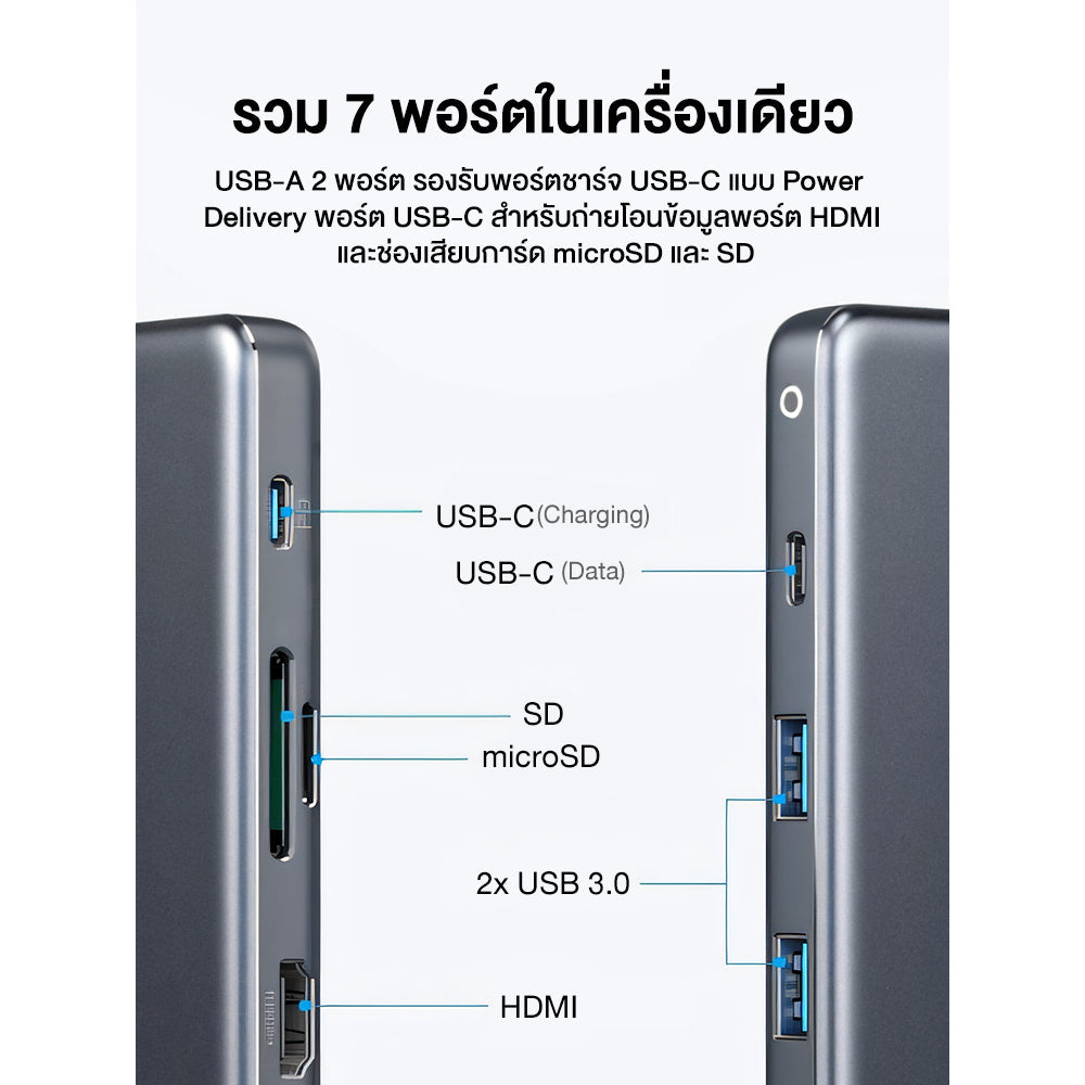 Anker PowerExpand 7-in-1 USB-C PD Media Hub ฮับอะแดปเตอร์ USB ความเร็วสูง 7 พอร์ตฮับ PD100W A8346