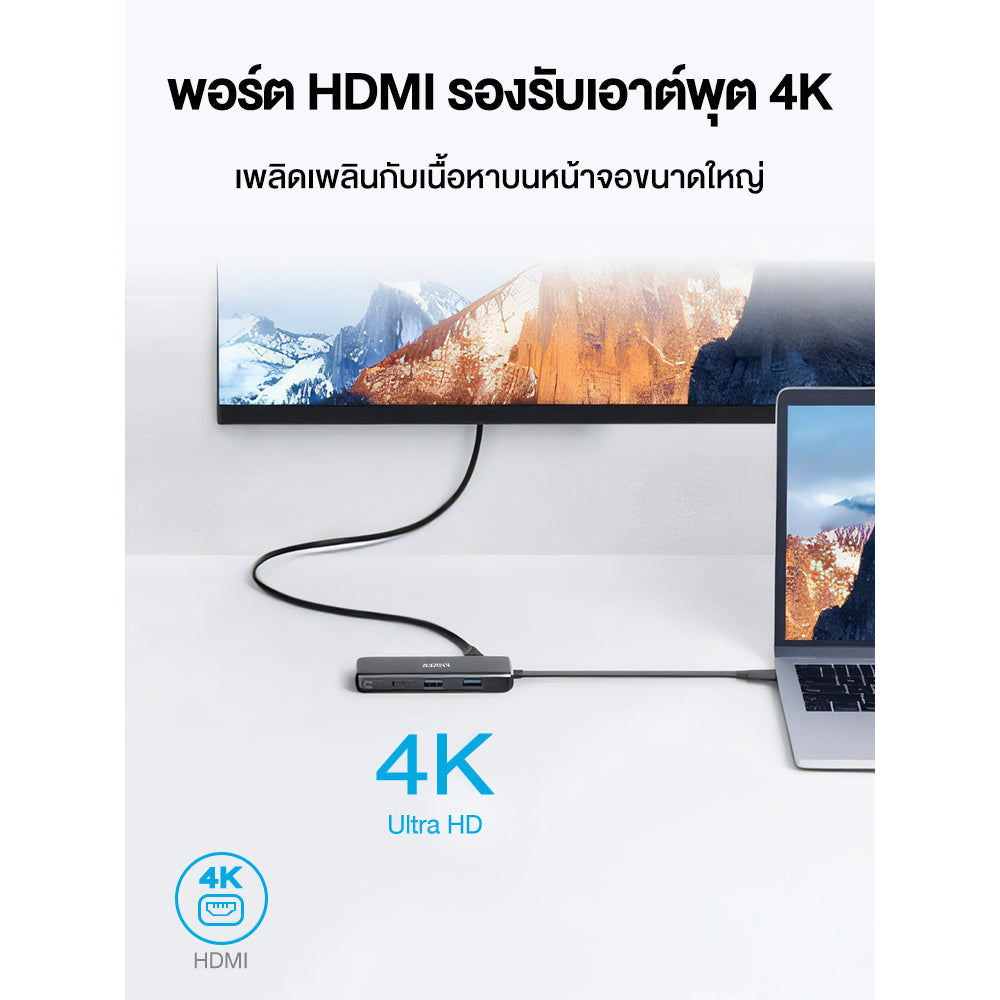 Anker PowerExpand 7-in-1 USB-C PD Media Hub ฮับอะแดปเตอร์ USB ความเร็วสูง 7 พอร์ตฮับ PD100W A8346