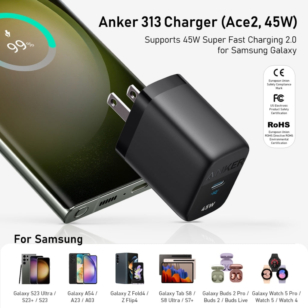 Anker 313 Charger 45W GaN 312 Charger (Ace2, 25W) สำหรับ Samsung Galaxy น้ำหนักเบา พกพาง่าย Fast Charger ขาปลั๊กพับเก็บ