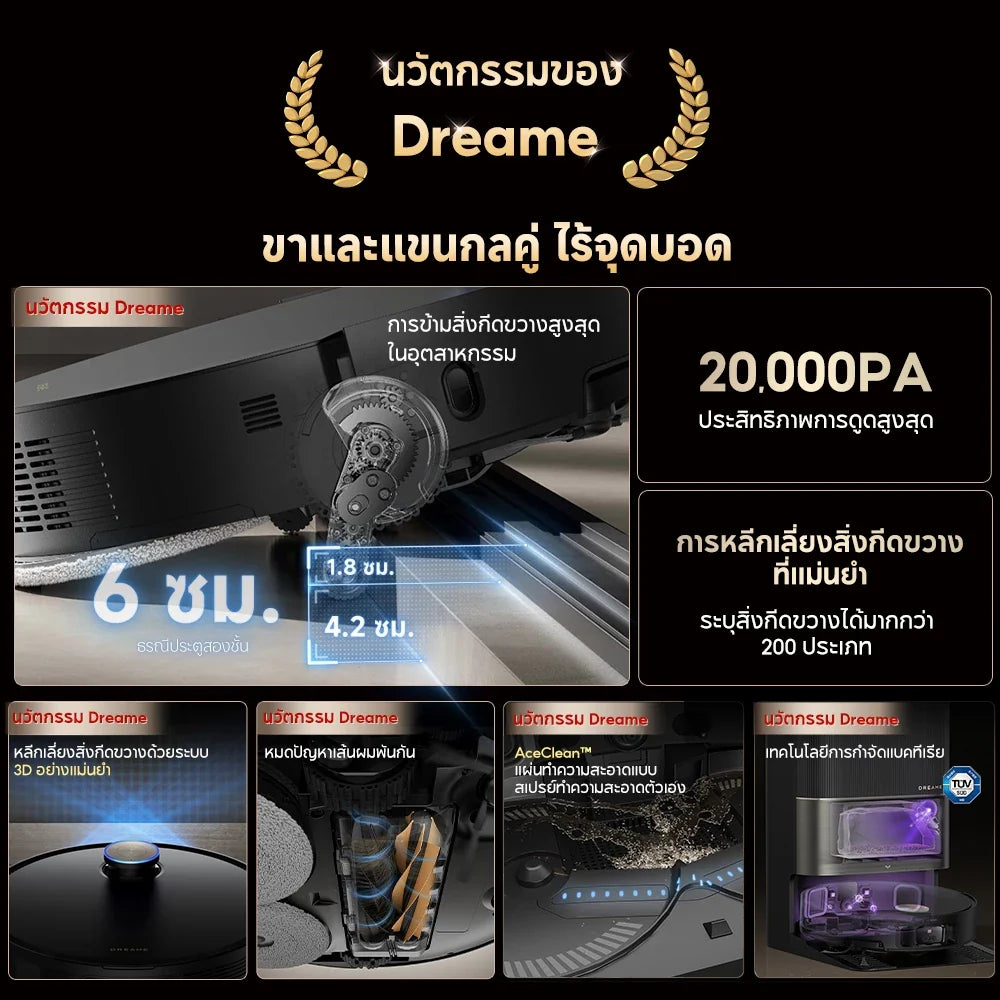 Dreame X50 Ultra ความสูงในการข้ามสิ่งกีดขวางสูงสุด6cm ระบบแขนไบโอนิคคู่