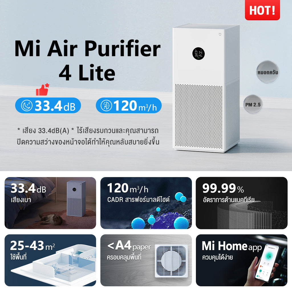 [HOT] Xiaomi Mi Smart Air Purifier 4 Lite/4 Compact / 4 Pro เครื่องฟอกอากาศ กำจัดฟอร์มาลดีไฮด์/PM2.5 เหมาะพื้นที่ 25-43㎡