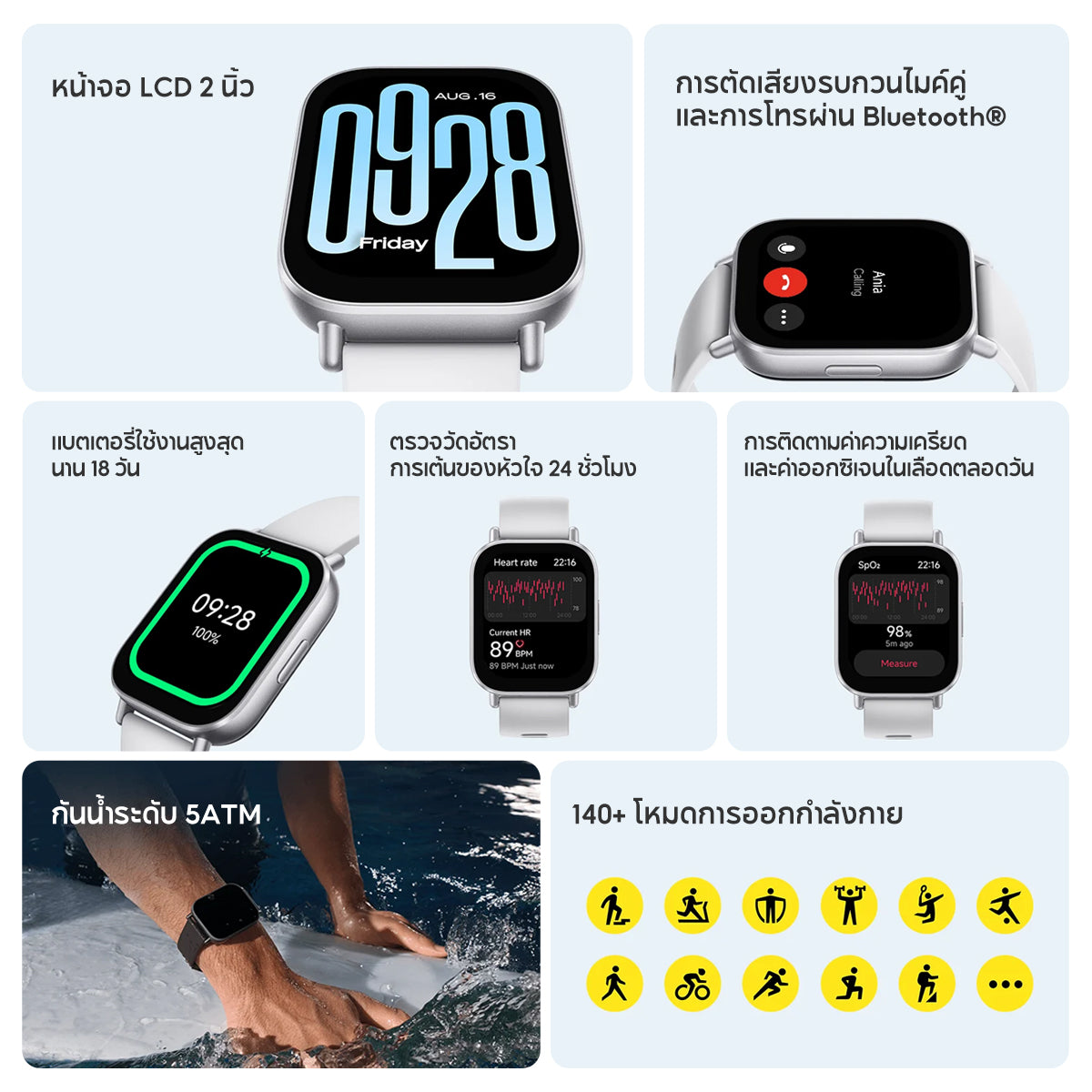 Xiaomi Redmi Watch 5 Active หน้าจอ LCD ขนาด 2.0 นิ้ว แบตเตอรี่ใช้ได้นานถึง 18 วัน โทรผ่านบลูทูธได้