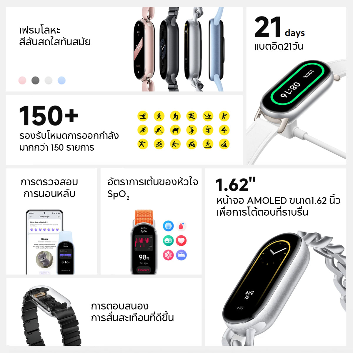 [NEW] Xiaomi Band 9 Smart นาฬิกาสมาร์ทวอทช์ การวัดออกซิเจนในเลือด หน้าจอ1.62" 60Hz AMOLED การปรับความสว่างได้อัจฉริยะ