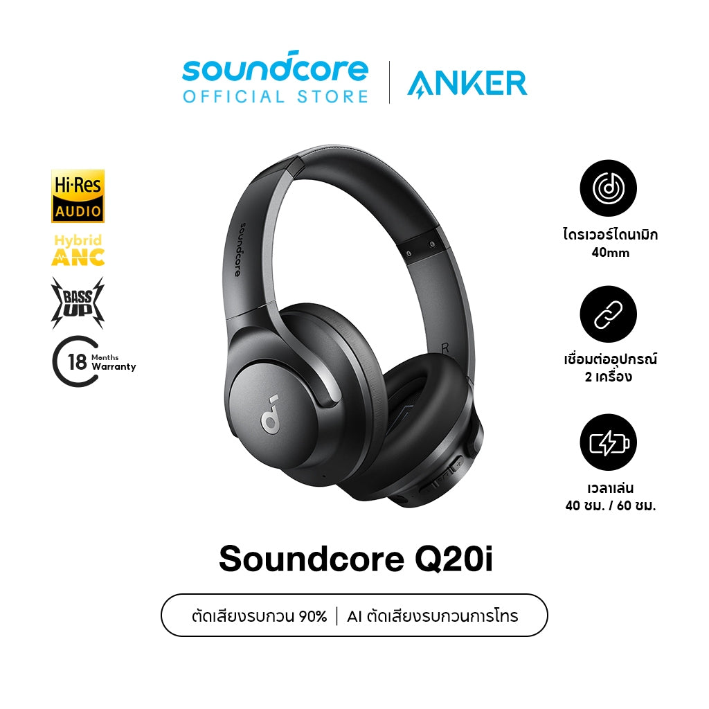 Soundcore Q20i หูฟังตัดเสียงรบกวน ไดรเวอร์ 40 มม. Hi-Res เมมโมรี่โฟม หูฟังบลูทูธ 5.0 รุ่นอัพเกรด Q20+ headphone A3004
