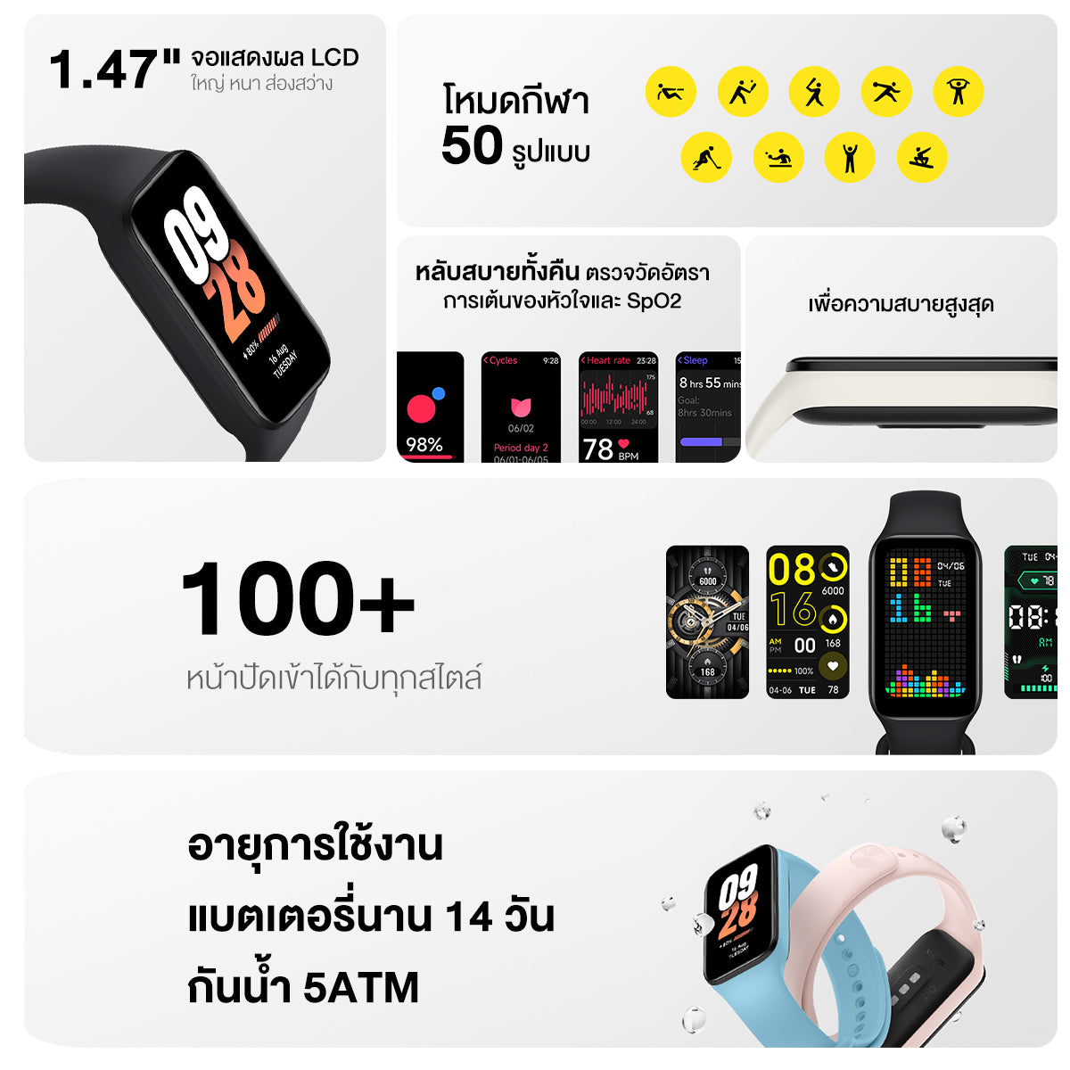 [ขายดี] Xiaomi Mi Band 8 Active Smart Band8 นาฬิกาสมาร์ทวอทช์ จอแสดงผล 1.47" การวัดออกซิเจนในเลือด smart watch