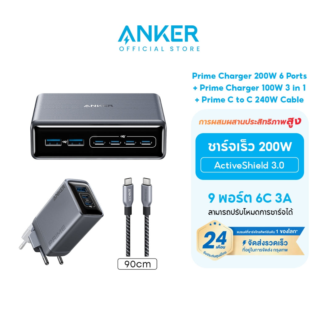 Anker Prime Charger 200W 6-Ports GaN Prime USB-C Charging Station ใช้งานได้กับ MacBook Pro/Air iPhone 16/15/14 Galaxy