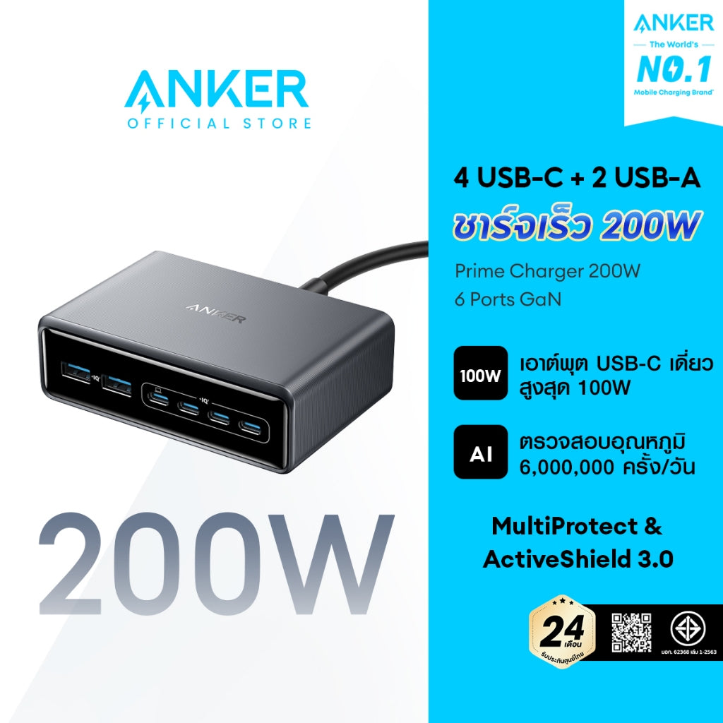Anker Prime Charger 250W 6-Ports GaN Prime USB-C Charging Station ใช้งานได้กับ MacBook Pro/Air, iPhone 16/15/14, Galaxy