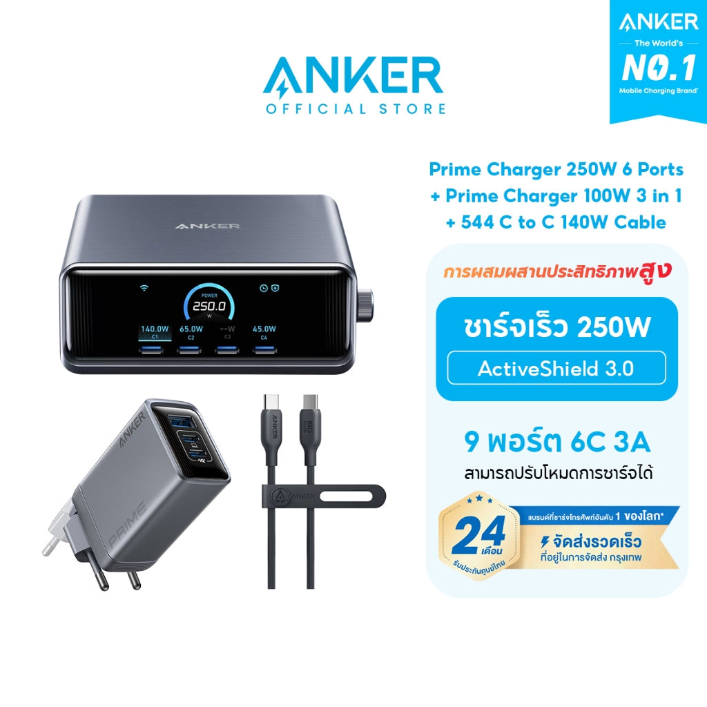 Anker Prime Charger 250W 6-Ports GaN Prime USB-C Charging Station ใช้งานได้กับ MacBook Pro/Air, iPhone 16/15/14, Galaxy