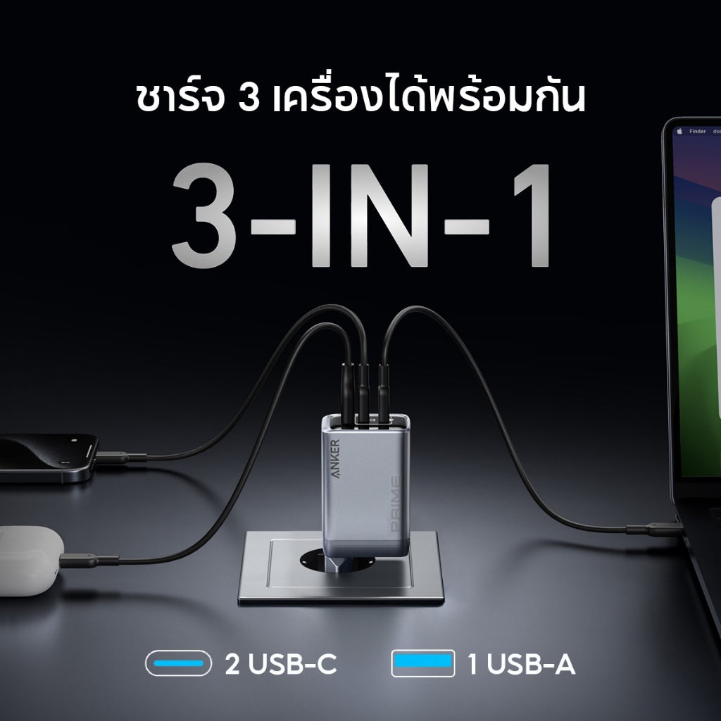 Anker Prime Charger (100W, 3 Ports, GaN) หัวชาร์จเร็ว PD Fast Charger สําหรับ iPhone MacBook แล็ปท็อป สมาร์ทโฟน