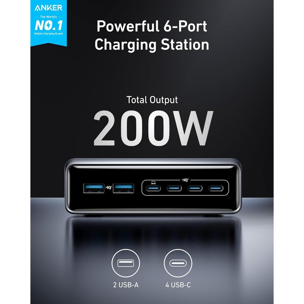 Anker Prime Charger 200W 6-Ports GaN Prime USB-C Charging Station ใช้งานได้กับ MacBook Pro/Air iPhone 16/15/14 Galaxy