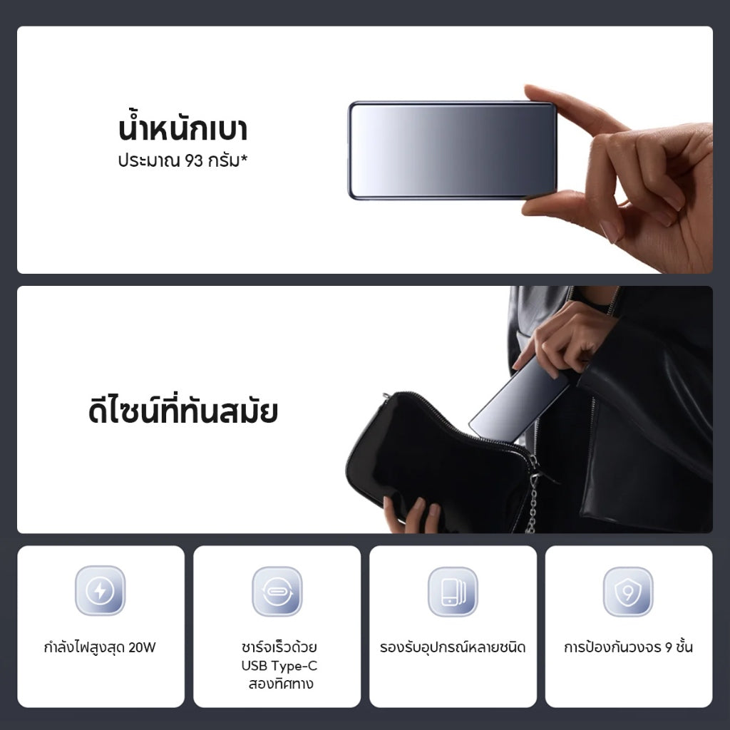 Xiaomi Ultra Slim Power Bank 5000mAh พาวเวอร์แบงค์ แบตสำรอง เอาท์พุตสูงสุด 20W ความจุสูง 5000mAh