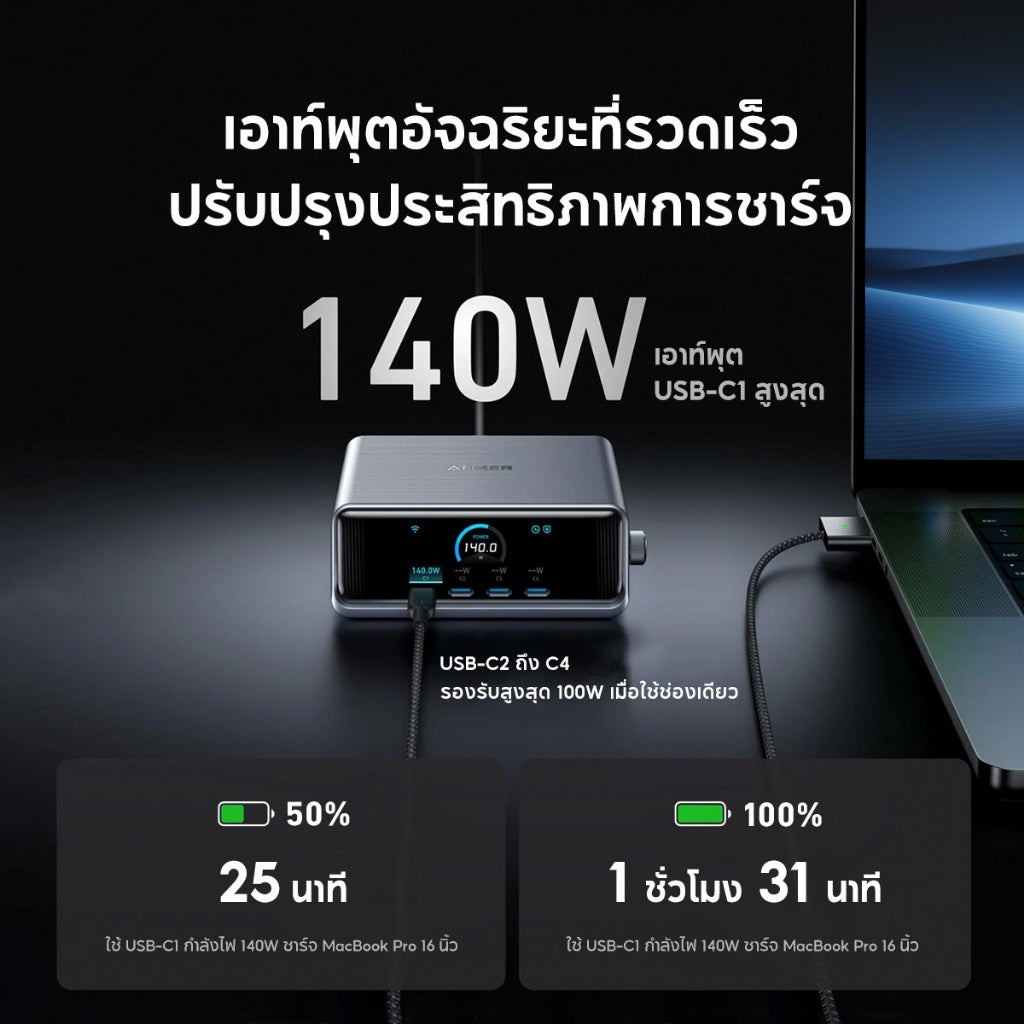 Anker Prime Charger 250W 6-Ports GaN Prime USB-C Charging Station ใช้งานได้กับ MacBook Pro/Air, iPhone 16/15/14, Galaxy