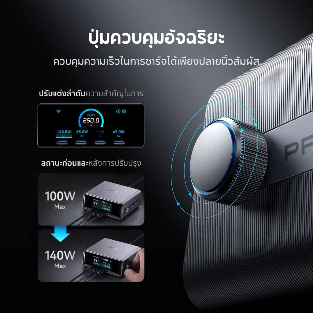 Anker Prime Charger 250W 6-Ports GaN Prime USB-C Charging Station ใช้งานได้กับ MacBook Pro/Air, iPhone 16/15/14, Galaxy