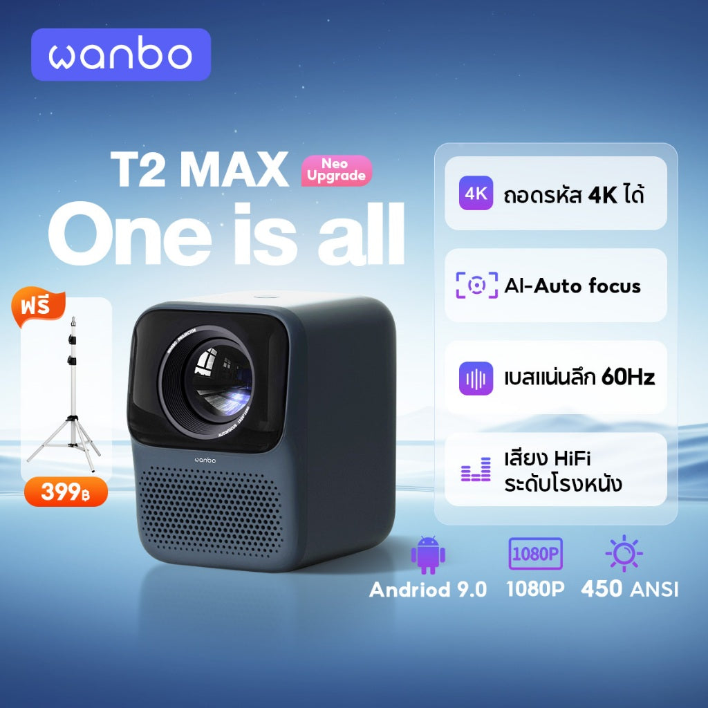 Wanbo T2 Max NEW 1080P HD Projector โปรเจคเตอร์ มินิโปรเจคเตอร์ คุณภาพระดับ Built-In Android 9.0 HIFI Sound
