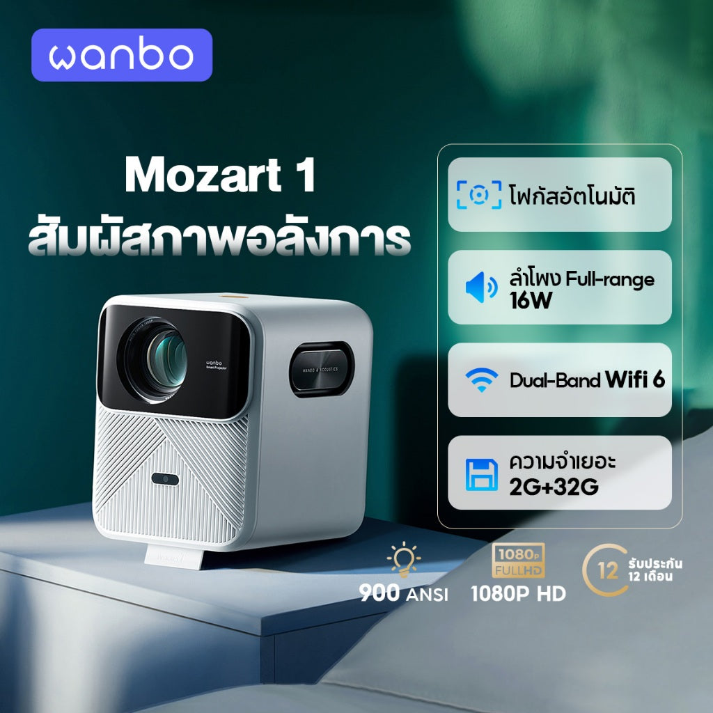 Wanbo Mozart 1 Projector 900 ANSI โปรเจคเตอร์  พกพา  โฟกัสอัตโนมัติ หลีกเลี่ยงสิ่งกีดขวางอัจฉริยะ