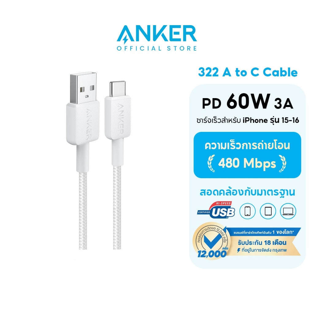 [สำหรับ iPhone 16]Anker 322 USB-A to C Cable สายชาร์จเร็ว รองรับ CarPlay 3A สายใหม่แบบถัก ชาร์จเร็วมือถือ Samsung/iPhone