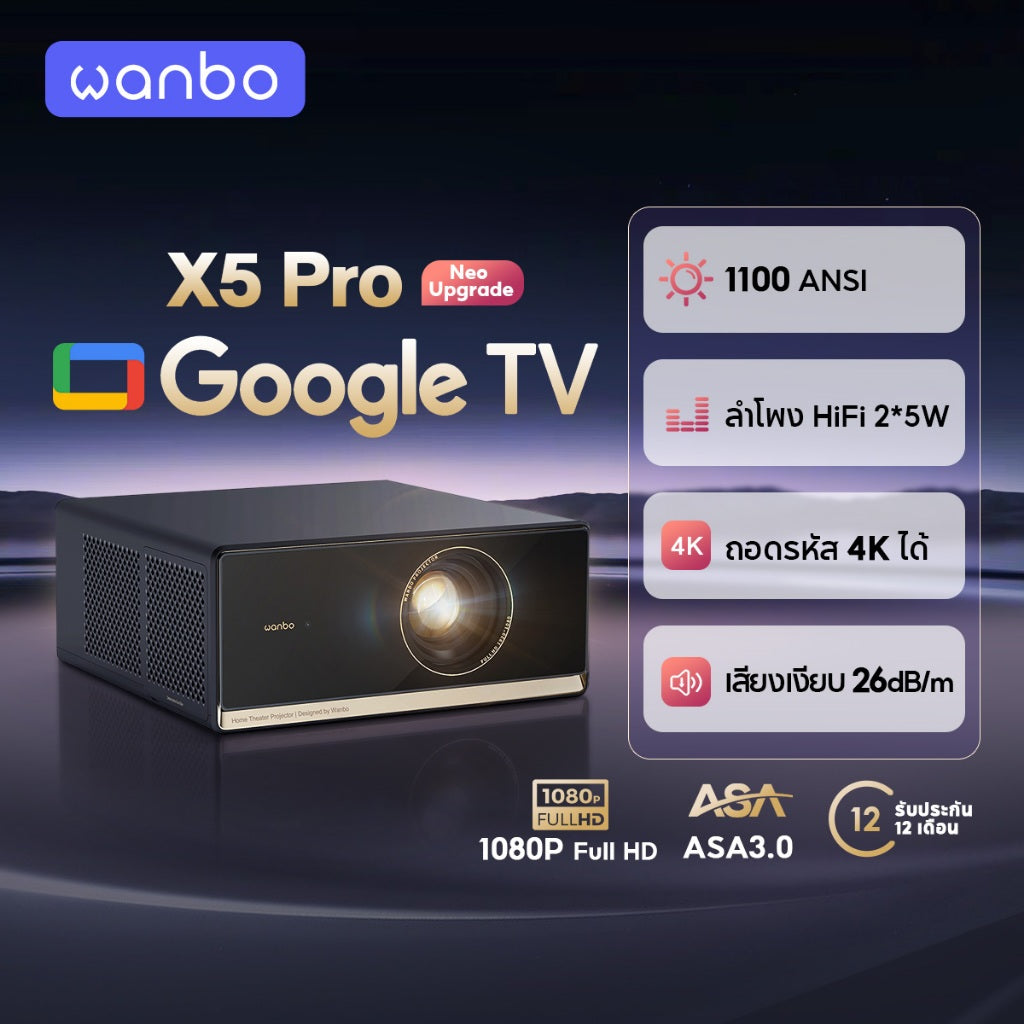 Wanbo X5 Pro Projector Full HD 4K โปรเจคเตอร์ ความสว่างสูง 1100ANSI Built-In Google TV