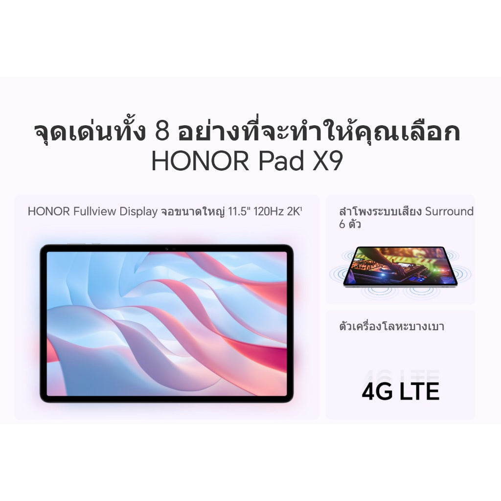 HONOR Pad X9 LTE 4GB+128GB Tablet แท็บเล็ต แท็บเล็ตโปรเซสเซอร์ 6nm Snapdragon หน้าจอ 2K HD สูงสุด 120Hz